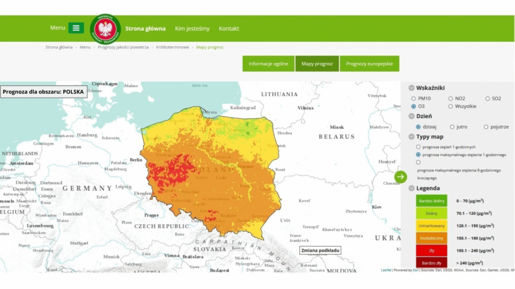 Mapa czystego powietrza w Polsce, sielony obszar najczystszego powietrza obejmuje Mazury